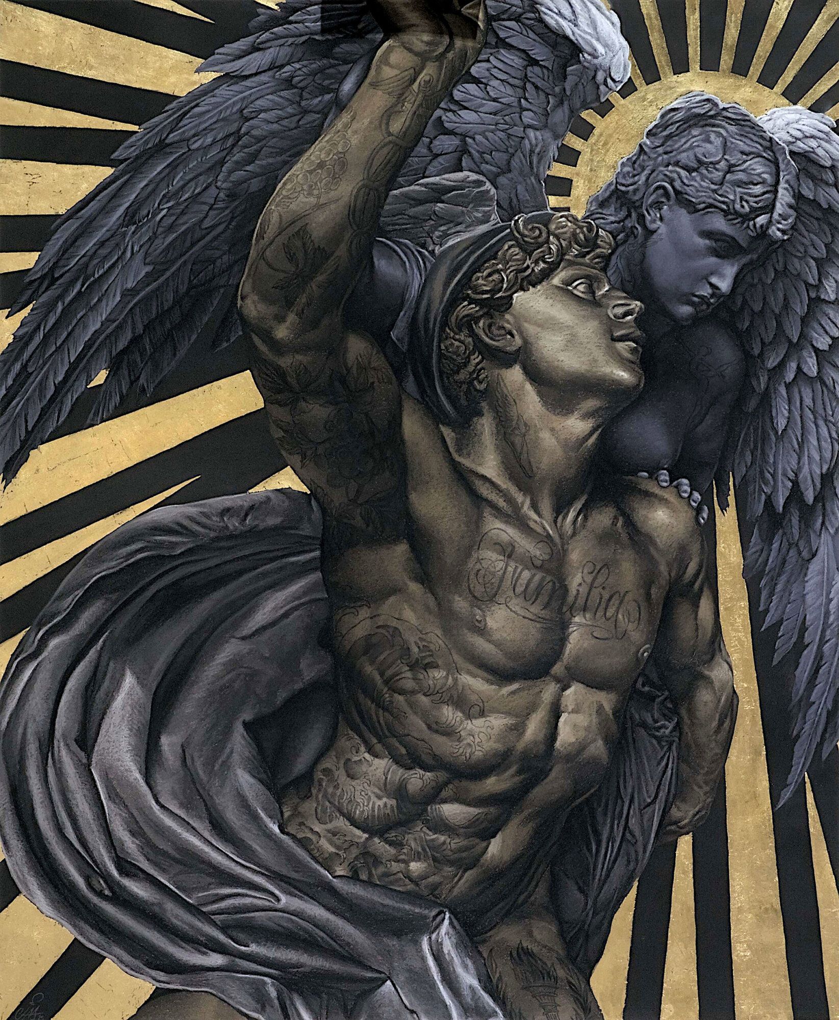 Hermes and Nike — soft pastels and gold leaf painting by Cias